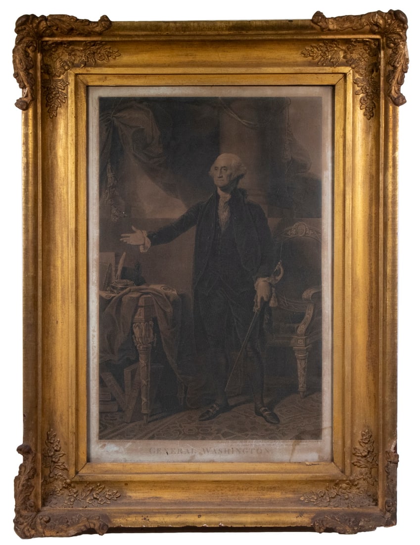 LIFETIME PORTRAIT ENGRAVING OF GEORGE WASHINGTON AFTER STUART: General Washington. copperplate engraving, marked at bottom "Painted by Gabriel (read Gilbert) Stuart, 1797; Engraved by James Heath (UK, 1757-1834), Historical Engraver to His Majesty and His Royal H