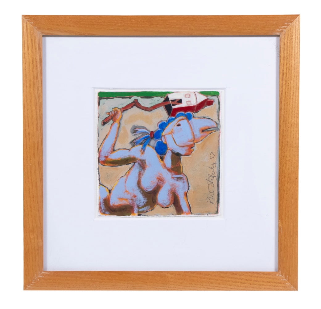 ROBERT SHETTERLY (OH/MA, 1946 - ): Falling Hero, 1997, gouache on paper, signed and dated on right edge, also signed, dated and titled verso, in golden oak domed frame, matted under glass, OS: 11 1/2" x 11 1/2", SS: 5" x 5".Shetterly h