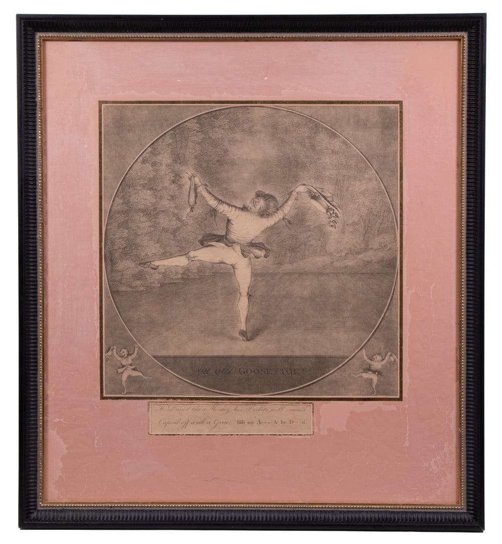 18TH C. BRITISH SATIRICAL PRINT: Oh Qui Goose Toe! (O che gusto) with caption "He Danc'd like a Monkey, his Pockets well cram'd, Caper'd off with a Grin, Kiss my A-- & be D----d", aquatint etching, 1781, by Francesco Bartolozzi (1727