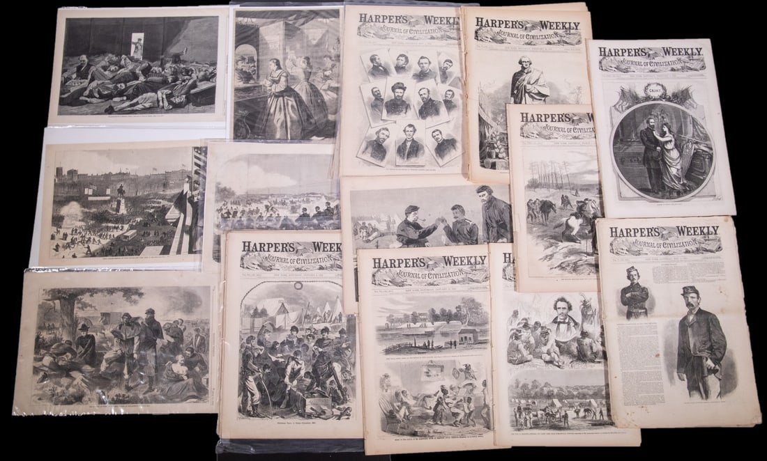 (27) WARTIME HARPERS WEEKLY WITH ILLUSTRATIONS BY WINSLOW HOMER, PLUS (8) FULL SHEET EXCISED: Generally very good, clean, edge loss well away from images. One with losses.