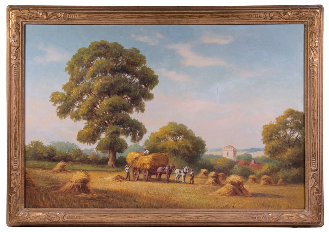 NORMAN BADGELY WILSON (IN, 1906 - ?): Haying Times, oil on canvas, signed lower left, in hand carved gold matched corner frame, OS: 28" x 40", SS: 23 1/2" x 35 1/2".
