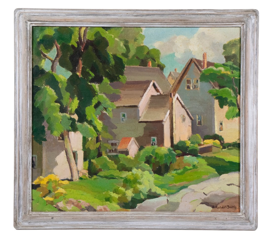 H. ROBERT SMITH (MA, 1897-1956): Lanesville Neighborhood of Gloucester,Mass, oil on canvas, signed lower right, in white rubbed molded frame, OS: 18 1/2" x 20 1/2", SS: 15 1/2" x 17 1/2".The Reverend Dr. H. Robert Smith, rector of Sa
