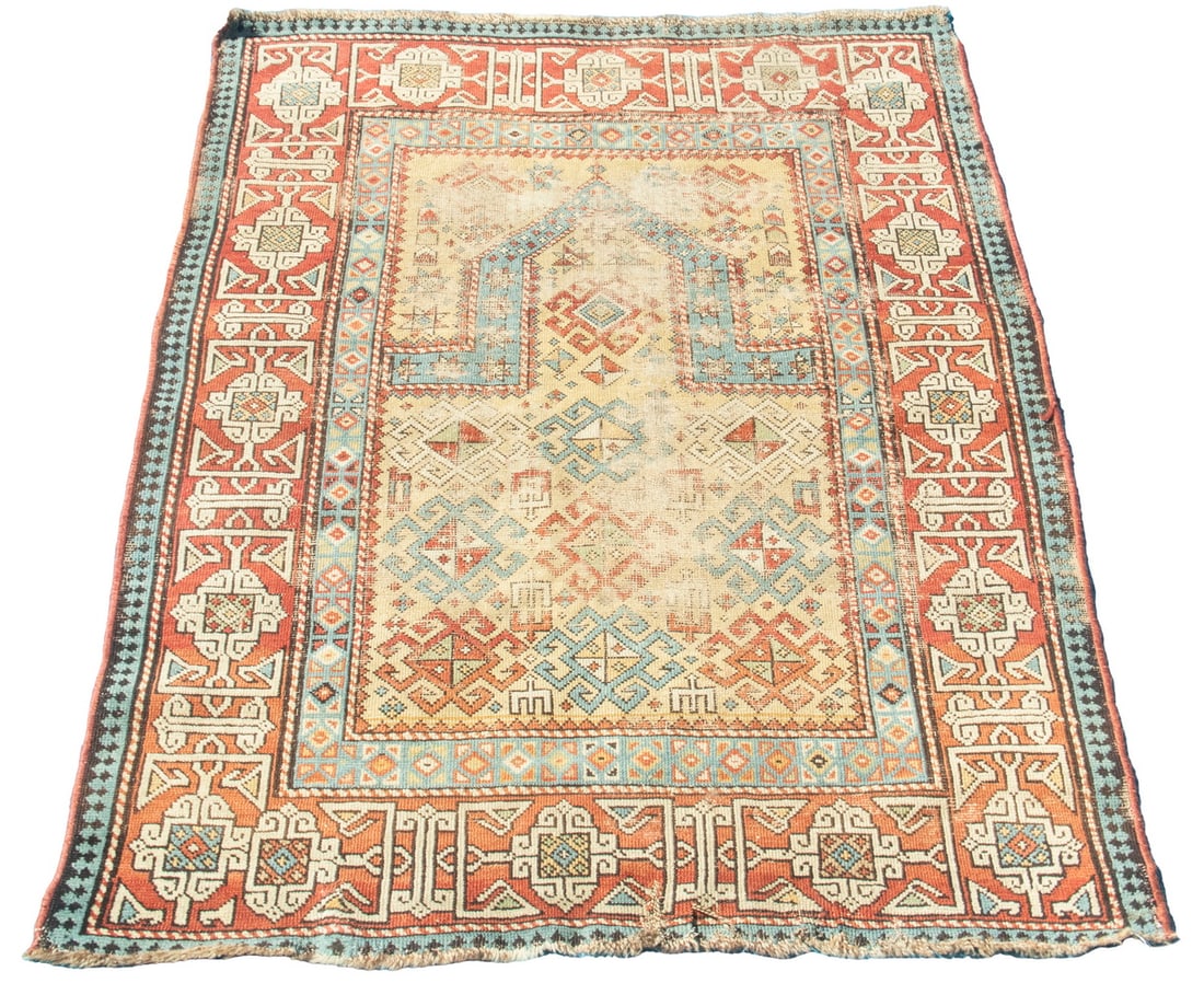 SHIRVAN PRAYER RUG (3'2" x 4'4"): East Caucasus, early 20th C. Gold ground prayer mihrab covered by hooked diamonds and star motifs in sky blue, red, & ivory. Tan/gold background with red geometric border. New selvages, repairs, large
