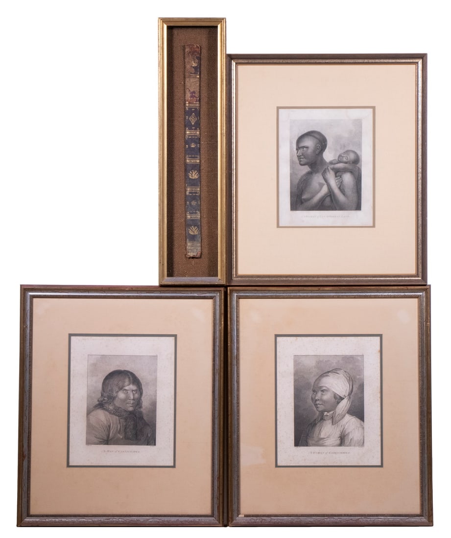 (3) ORIGINAL PRINTS FROM 'COOKS VOYAGES' & SPINE, FRAMED (1 of 7)