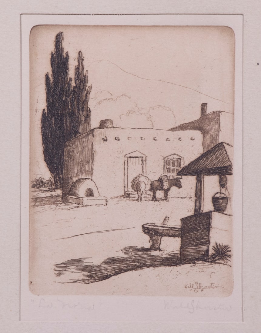 WILLIM HOWARD 'WILL' SHUSTER (NM, 1893-1969): La Noria, 1929 etching on cream paper, signed in print and dated '29, pencil signed and titled in lower margin, unframed, tipped by top to paper mat, sheet: 7 1/2" x 5", impression: 4" x 2 7/8", very