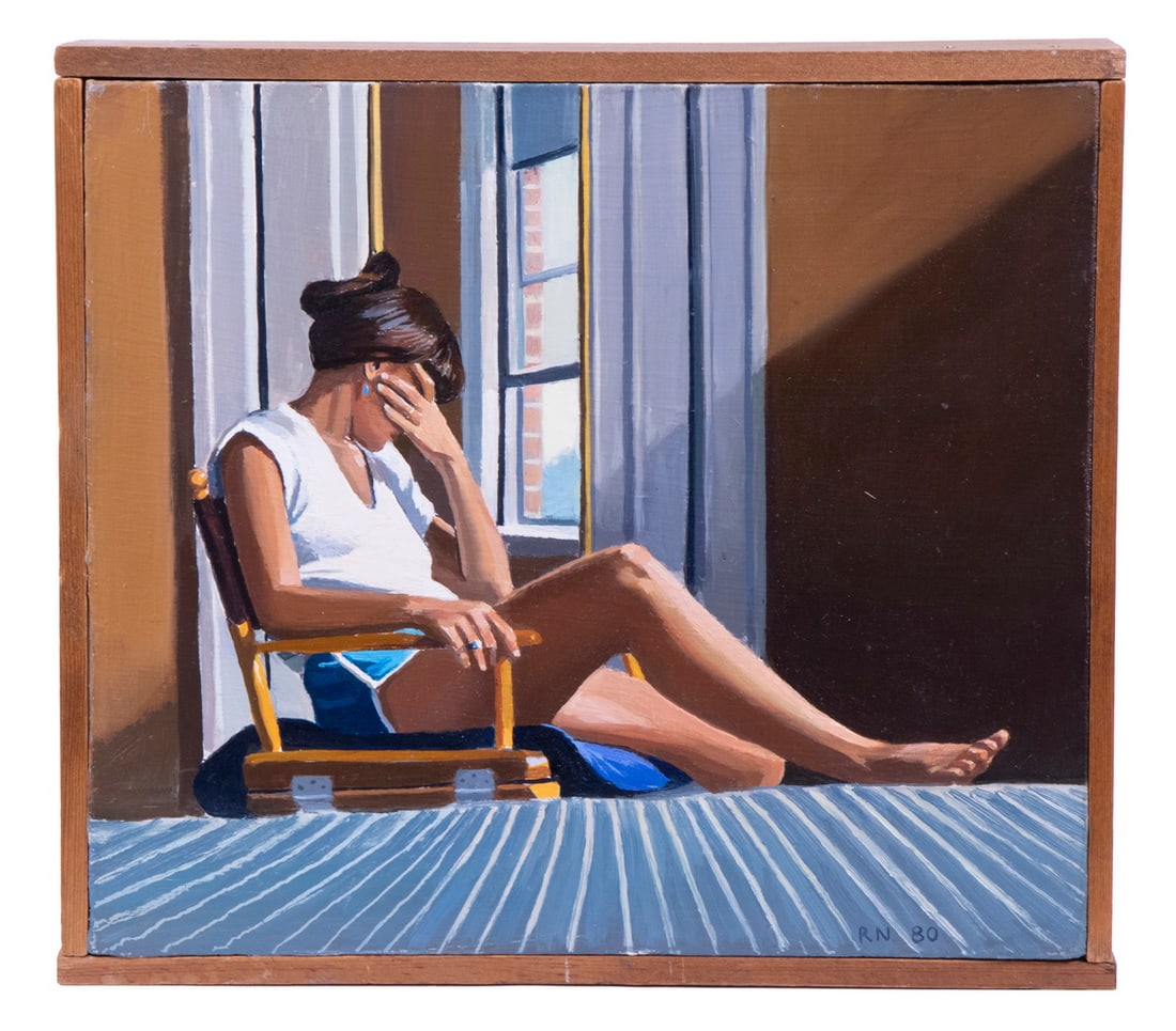 ROBERT NEFFSON (NY/MA, 1949 - ): Seated Girl with Hand Over Face, oil on hardboard, initialed 'RN' and dated '80 lower right, with teak slat frame, OS: 8 1/2" x 9", SS: 8" x 9: