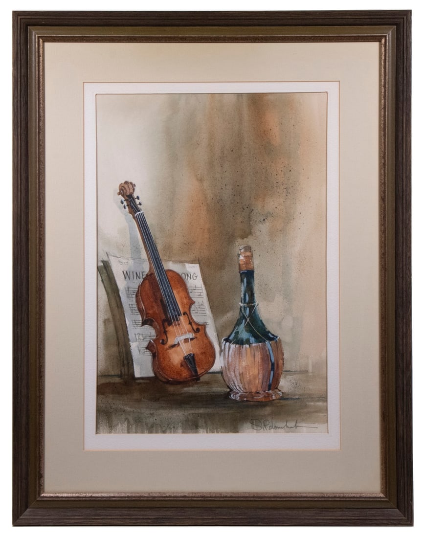STEVE POLOMCHAK (IN, 1922-1996): Still Life with Violin and Bottle of Chianti, watercolor, signed lower right, in fatigued oak frame with gold loiner, matted under glass, OS: 28" x 22", SS: 19" x 13".