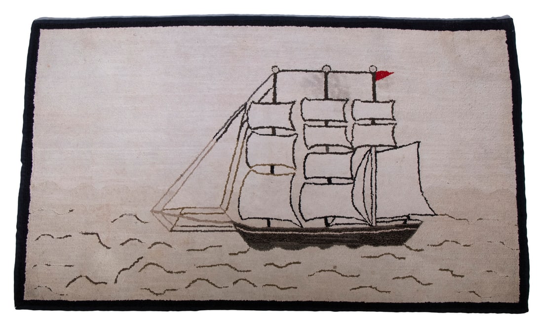HOOKED RUG OF SAILING SHIP, CIRCA 1920 (1 of 2)