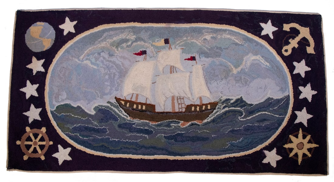 HOOKED RUG OF FANTASY SHIP, CIRCA 1920 (1 of 3)