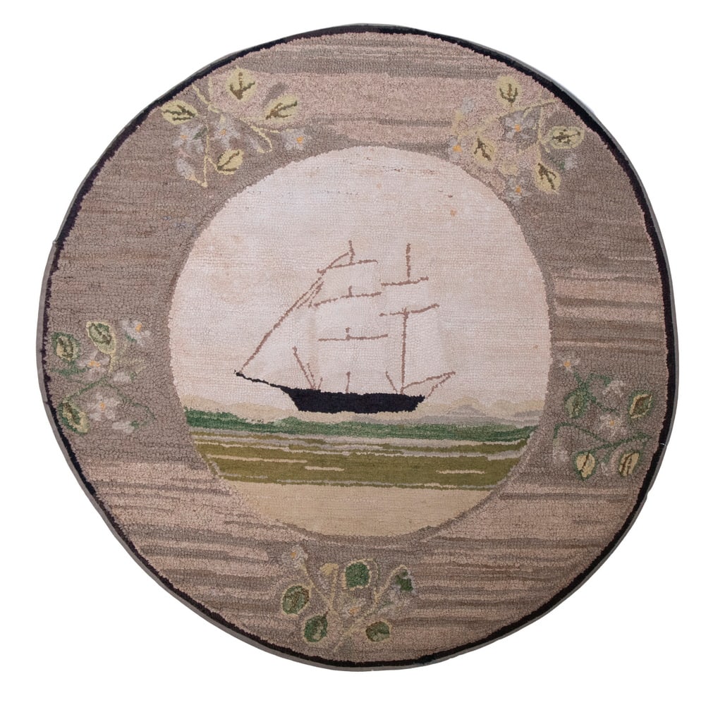 ROUND HOOKED RUG OF SAILING SHIP, CIRCA 1920 (1 of 3)