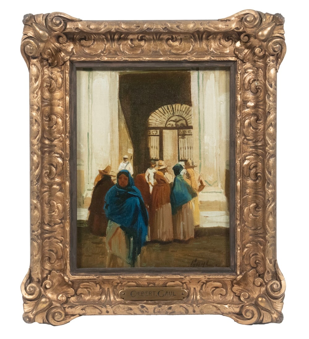 GILBERT GAUL (NY/TN/NJ, 1855-1919): Soldier's Wives Waiting for Their Husbands at the Barracks Door, Mexico, oil on canvas, signed lower right, titled verso on stretcher, in gilt gesso matched corner frame with nametag, OS: 13 1/2" x 11