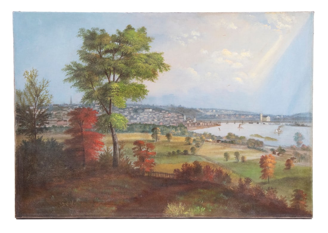 ATTRIBUTED TO DAVID JOHNSON (NY, 1827-1908): Distant View of Troy, New York, river to right, oil on canvas, unsigned, unframed, 16" x 26", cleaned and relined, several repaired punctures and tears.