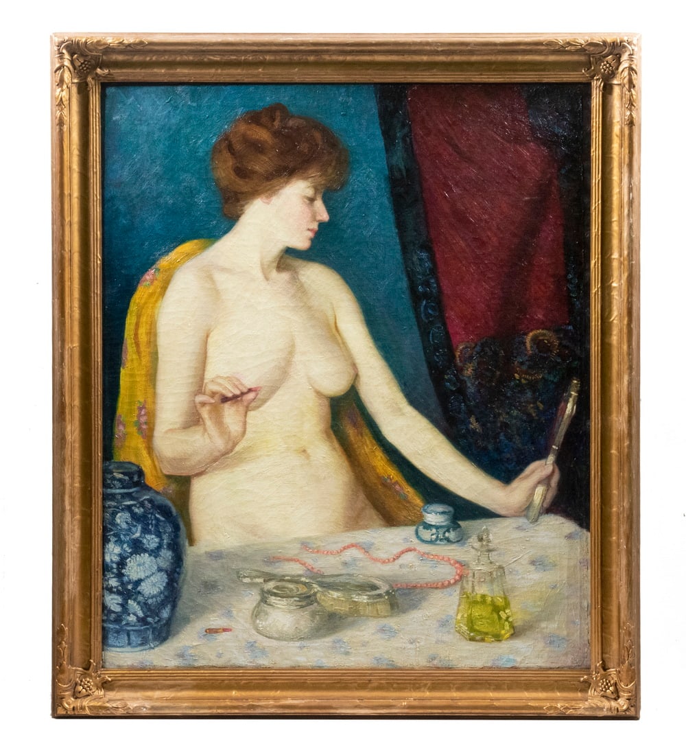 ATTRIBUTED TO WILLIAM MCGREGOR PAXTON (CA/NM/CAN, 1873-1965): Boudoir Portrait of a Lovely Auburn Haired Lady Checking Her Lip Color, oil on canvas, unsigned, in gold painted matched corner frame, OS: 42 1/2" x 36 1/2", SS: 36 1/2" x 30 1/2". Cleaned and relined