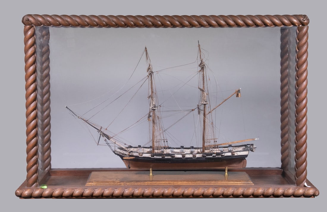 CASED MODEL OF USS "NIAGARA", ADMIRAL PERRY'S 1813 FLAGSHIP: Snow-Brig, 297 long tons, 110 ft 8 in, 32ft beam, 9ft draft, 18 gun, built for use in the Great Lakes during the War of 1812, sunk in 1820, raised and restored in 1913, still afloat at the Erie Mariti