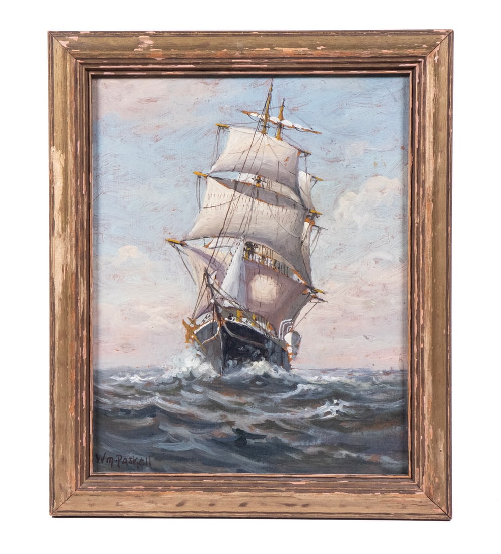 WILLIAM FREDERICK PASKELL (MA, 1866-1951): Bow View of Oncoming Whaling Ship under full sail, oil on upson board, signed lower left, in original gold molded frame, OS: 11 1/2" x 9 1/2", SS: 9 1/2" x 7 1/2".