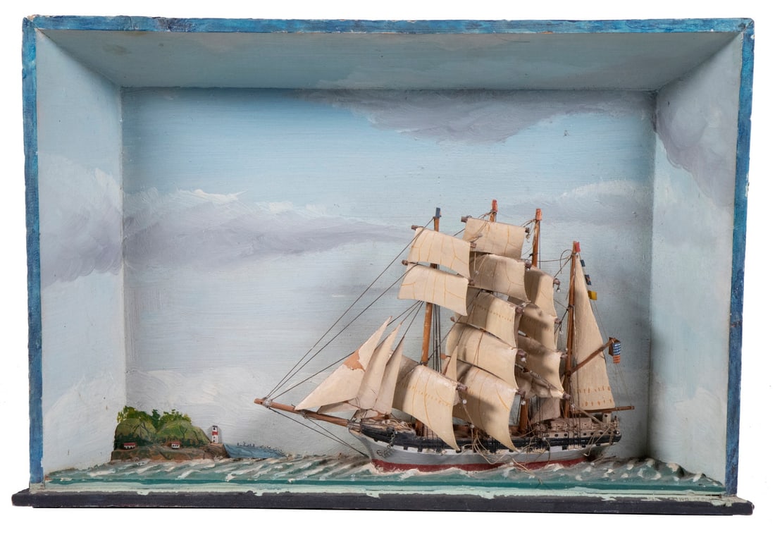SMALL BOXED SHIP DIORAMA: Sailing Ship Underway, rendered entirely in painted wood, in diorama without glass. Label on underside reads "Four Masted Barque "The Seven Seas", 1885, carved out of wood sails and all at the Veteran