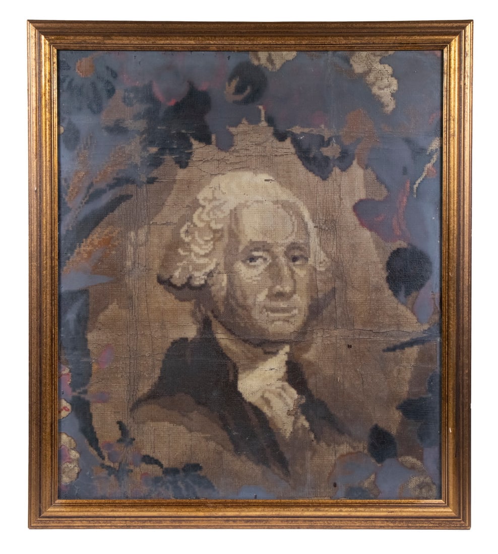 CIRCA 1800 PAINTED TAPESTRY OF WASHINGTON, FRAMED: Bust Portrait of the Father of Our Country giving the viewer a disapproving look, oil on tapestry, influenced by Stuart, probably a memorial (Washington died Dec 14th,1799), in molded gilt frame under