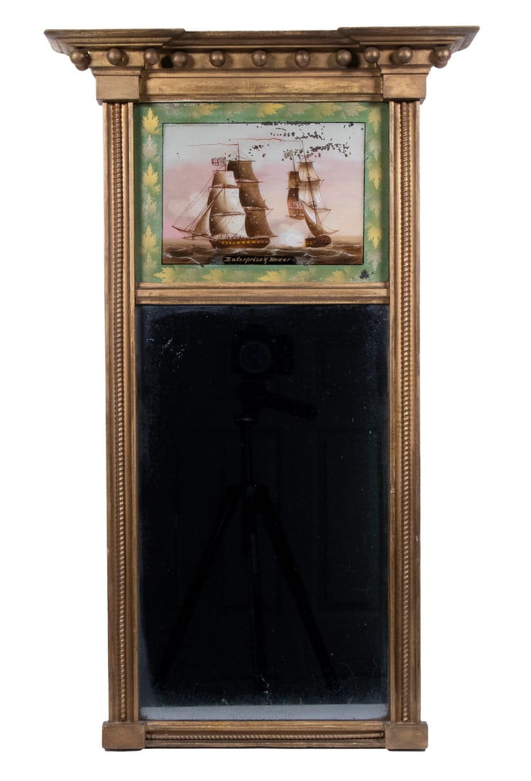 FEDERAL GILT EGLOMISE MIRROR WITH NAVAL BATTLE (1 of 3)