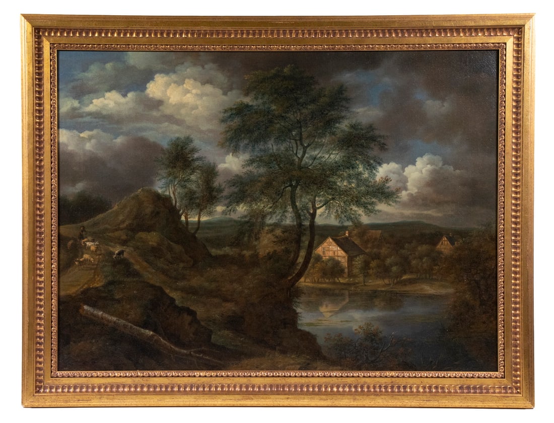 AFTER JOHN CONSTABLE (UK, 1776-1837): Countryside River with Half Timbered Houses, depicted with shepherd and flock on rising track to left, under a sky with oncoming storm; oil on linen, unsigned, with a fragment of an earlier re-lining