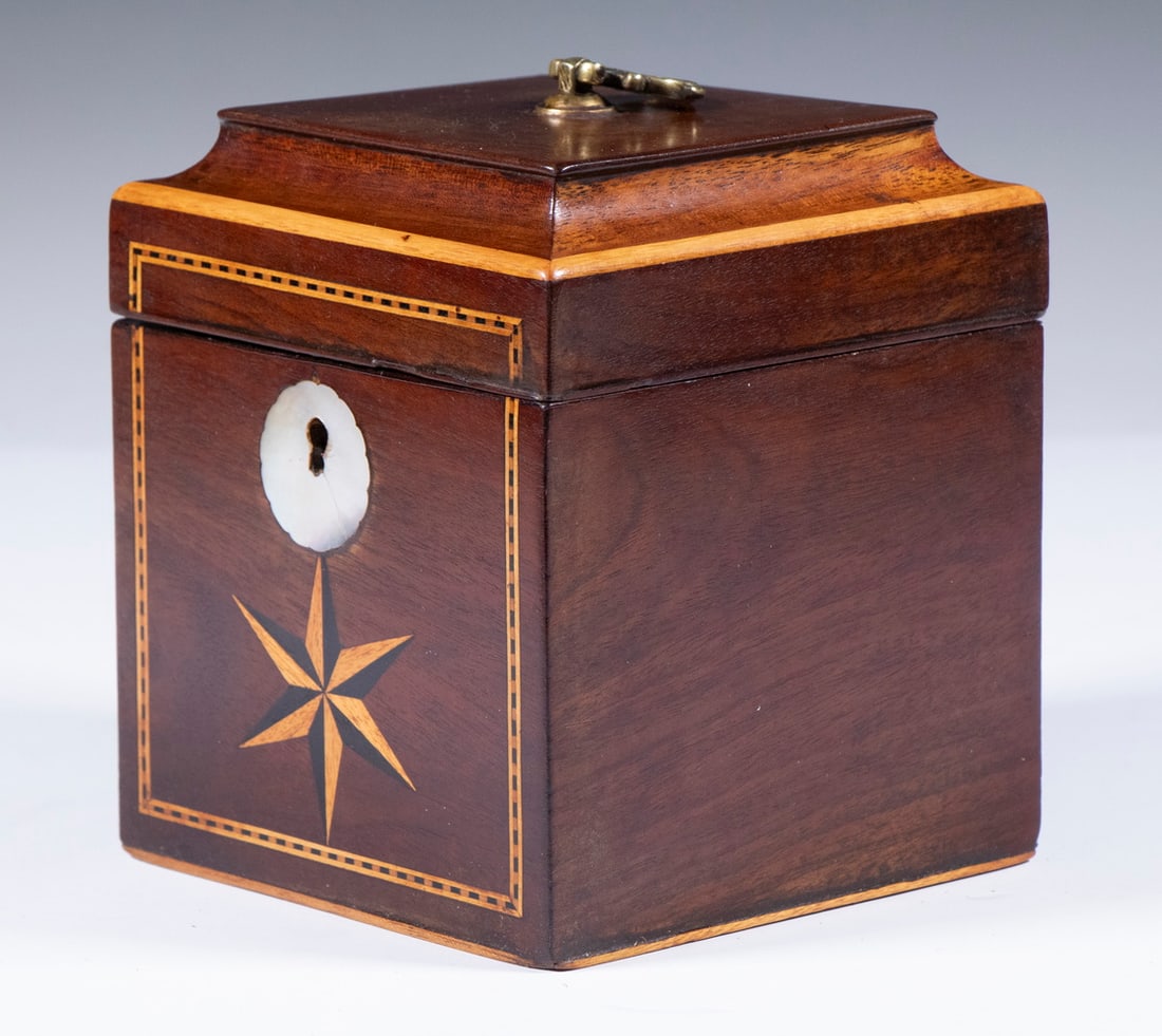 INLAID MAHOGANY TEA CADDY WITH COMPASS STAR (1 of 5)