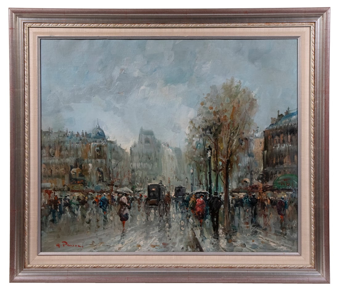 MARIO PASSONI (FRANCE, 1929 -): Grand Boulevard of Paris, oil on canvas, signed lower left, in a silver molded frame with linen liner, OS: 25" x 29", SS: 19 1/2" x 23 1/2".