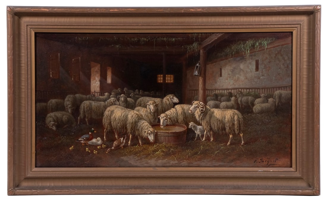 F JACQUOT (19TH C FRANCE): Sheep in a Barn, oil on mitered board with battens, in gold painted cove frame, OS: 16 1/2" x 26 1/2", SS: 11 1/2" x 22 1/2".