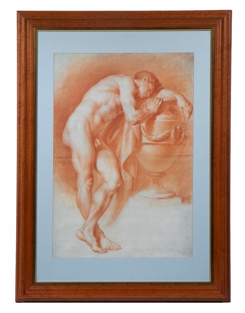 18TH C. FRENCH RED CHALK DRAWING OF NUDE: Academic Study of a Standing Nude Male in Mourning, Leaning on a Classical Urn, 'en sanguine', on laid paper, unsigned, in birdseye maple molded frame, matted under glass, OS: 41" x 30", SS: 29" x 20"