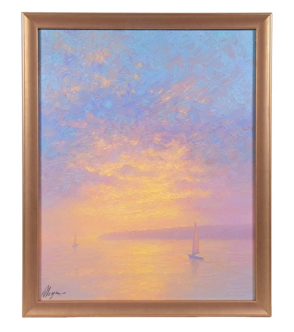 DMITRY OLEYN (UKRAINE/GERMANY, 1979 -): Sunset, a coastal scene with boats, impasto oil on linen, signed lower left, signed titled and dated 2024 verso, in gold cove frame, OS: 21 1/2" x 18", SS: 19 1/2" x 16".