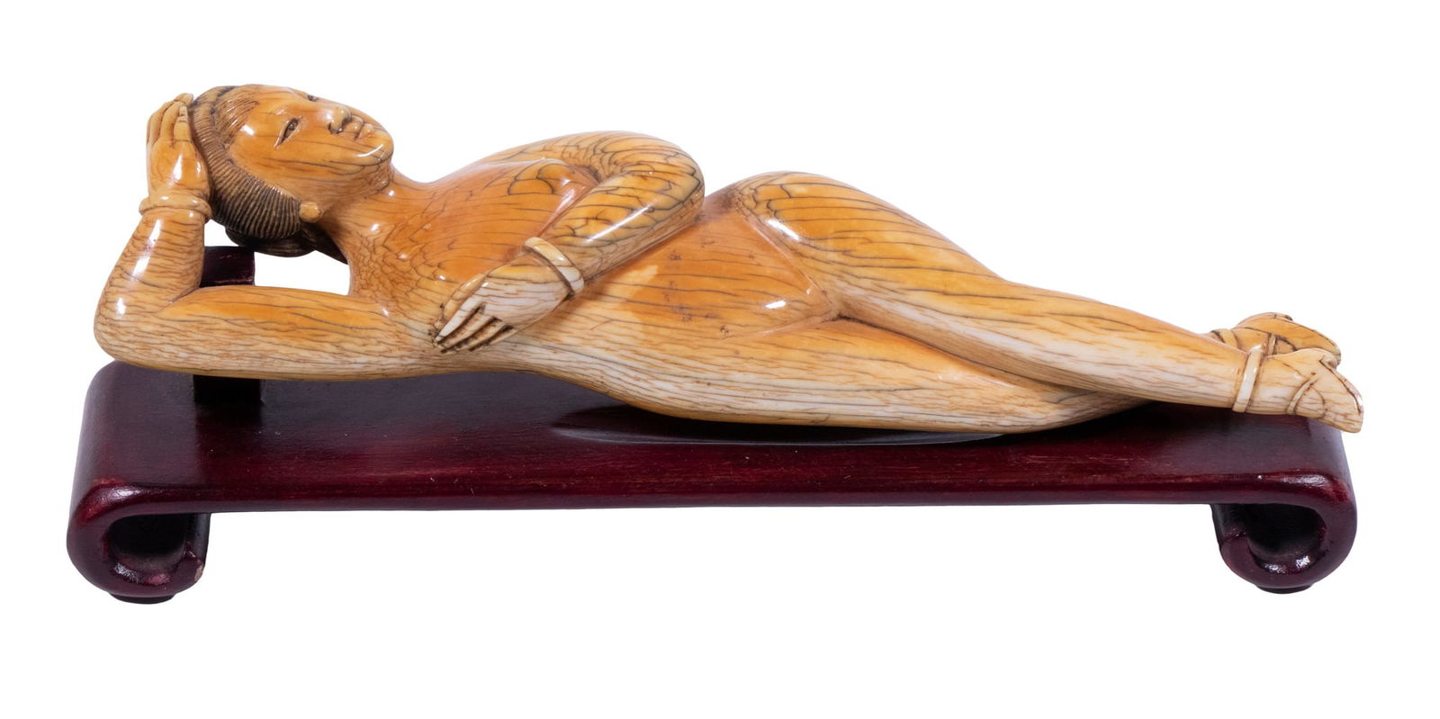 19TH C. CHINESE IVORY "DOCTOR'S LADY" FIGURE: Reclining Nude Woman with one hand under her breast, the other behind her head, with coiffed hair and bracelet, her legs crossed and with shoes on bound feet, used by doctors (all men) to talk to a wo