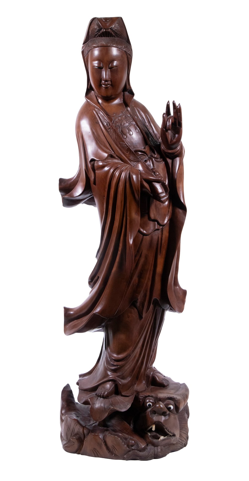 CHINESE CARVED STANDING QUANYIN SCULPTURE: Large 19th c. Hardwood Figure, depicting the Bodhisattva of Compassion standing atop a lotus leaf and dragon with glass eyes and bone teeth, 28" high, 8" x 8 1/2".