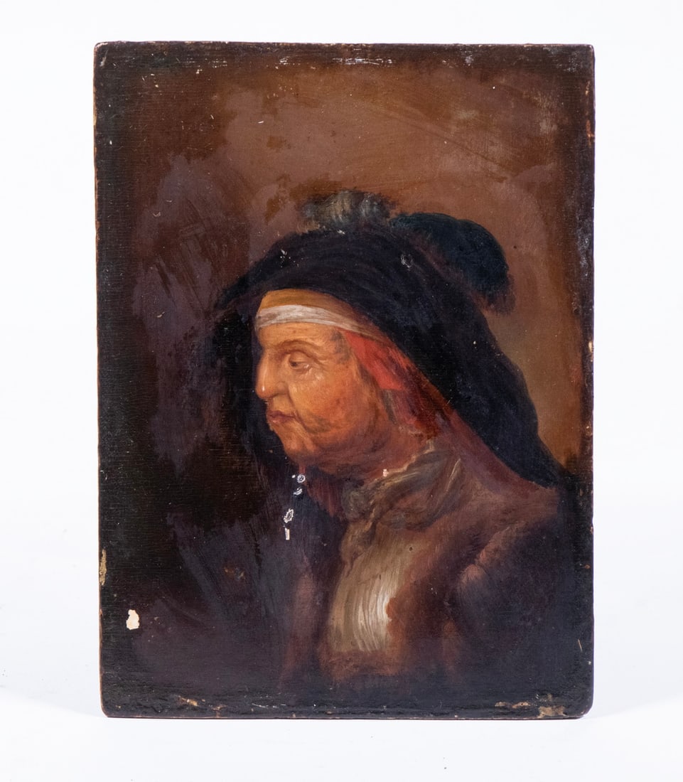 17TH C. MINIATURE DUTCH PORTRAIT PAINTING: Portrait of an Elderly Woman in black traver's mantle, with with fur lined coat, pleated front white bodice, oil on beveled oak panel, unsigned, unframed, 7 3/8" x 5 3/8".remnants of two wax seals ver