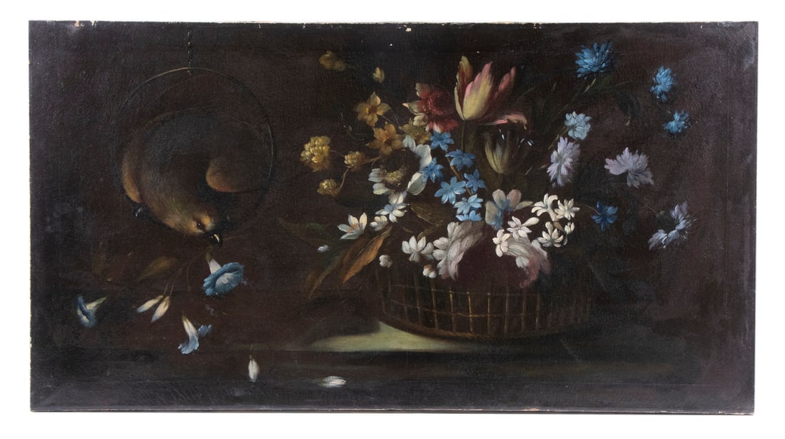 18TH C. ITALIAN STILL LIFE: Domestic Bird Plucking a Stem from a Basket of Spring Flowers, unframed, 23" x 43", cleaned and retouched, one small repaired puncture.