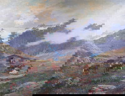 JOHANN WILHELM SCHIRMER (GERMANY, 1807-1863): An Alpine Dairy Farm with Stone Barn, probably in the Italian Dolomites, oil on canvas, initialed lower right "JWS", also with artist's name on stretcher, circa 1845, in hand carved gilt frame, OS: 37