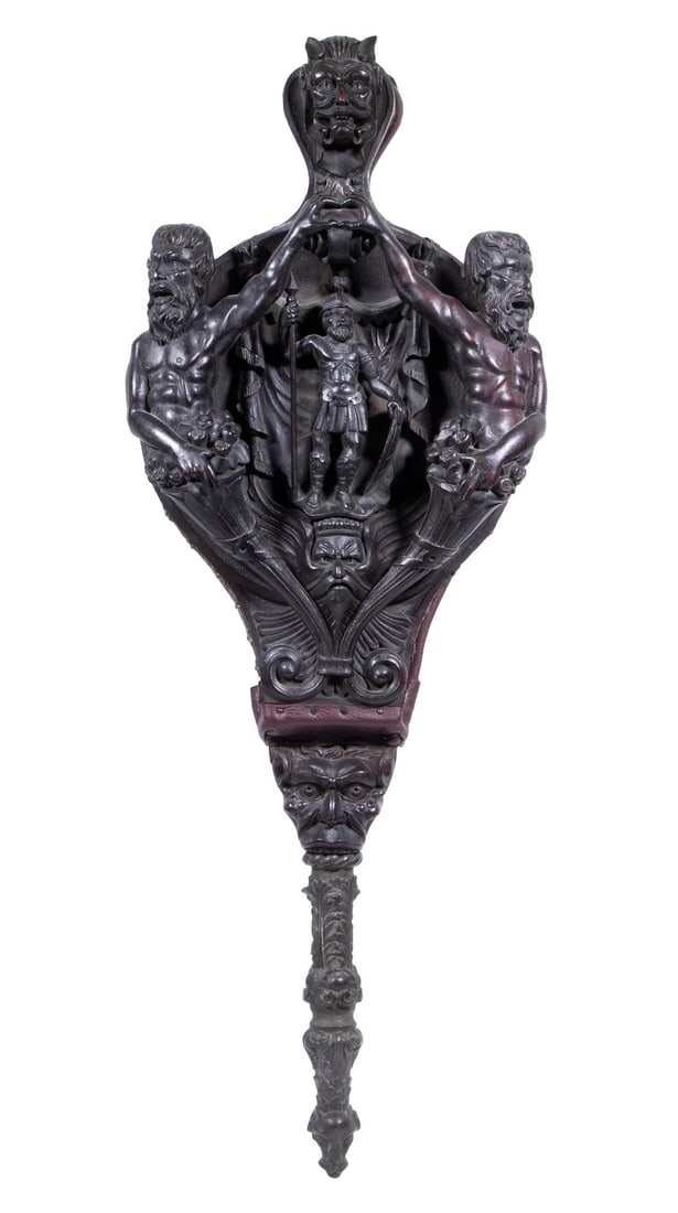 MAGNIFICENT 16TH C. GERMAN BLACK WALNUT & BRONZE LARGE CARVED FIREPLACE BELLOWS: Dated 1587, the front having devil's head handle, fully reticulated allegorical figures of bellowing men emerging from fruitful cornucopia, flanking a central figure of a Roman Centurion. The neck rep