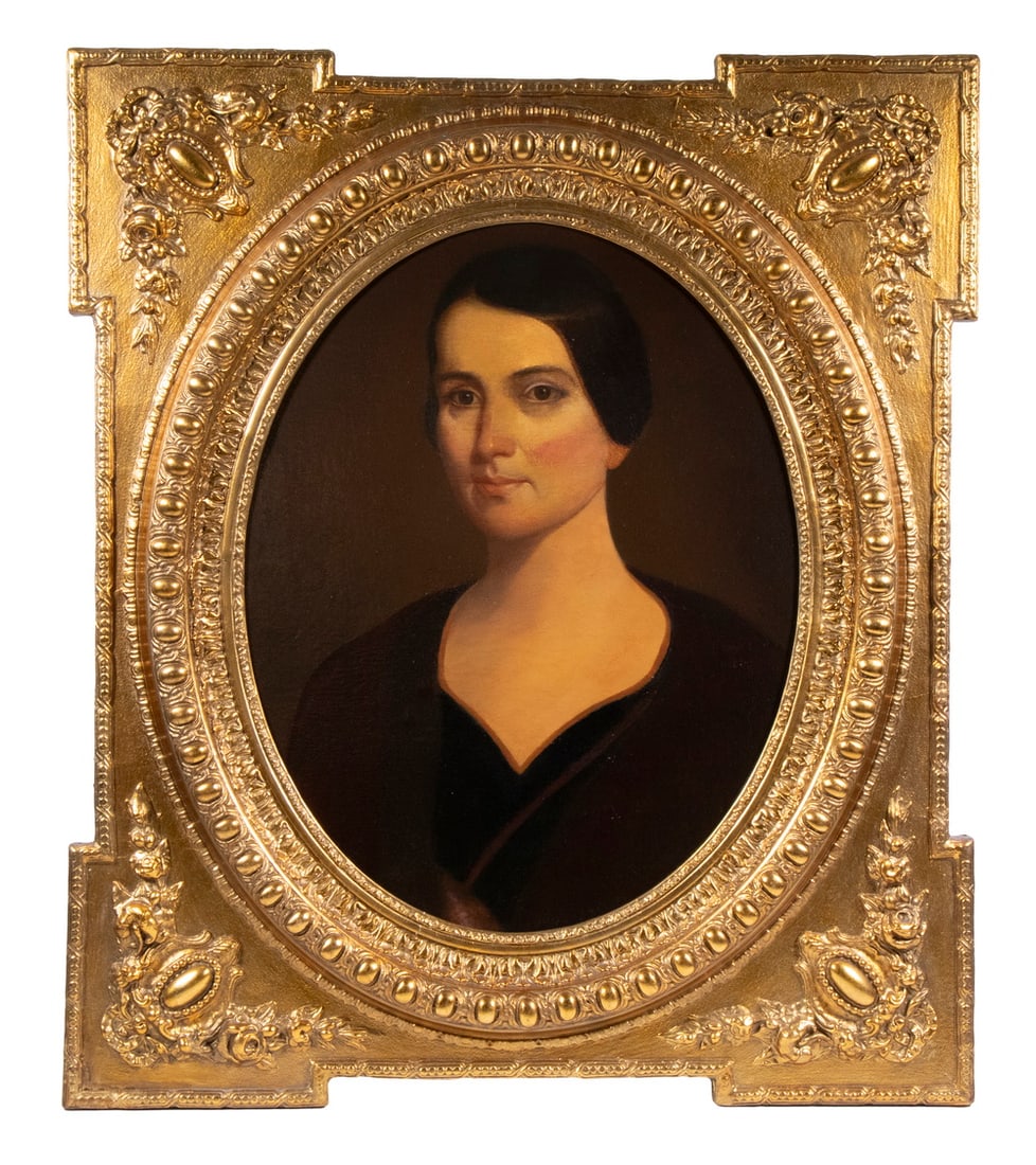 HISTORIC PORTRAIT OF GRAND-DAUGHTER OF REVOLUTIONARY WAR OFFICER: Bust Portrait of Henrietta de Calmes Blackburn, grand-daughter of the Marquis de Calmes (1755-1834) of Virginia and Kentucky, who was an officer of the Revolution, the unsigned oval oil on canvas late