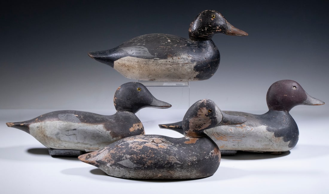 (4) DUCK DECOYS: A Grouping of (4) Decoys, (3) Masons and (1) Hays, including a matched pair of Mason Redheads in original paint, 14" to 15 1/2" long.