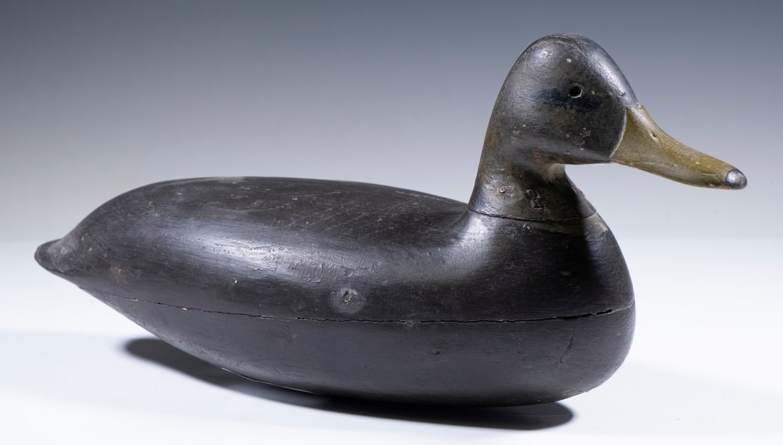 DUCK DECOY BY HARRY V. SHOURDS: Carved and Painted Black Duck, with old in-use repaint, structurally sound, 7 1/4" high, 16" long. Missing eyes.