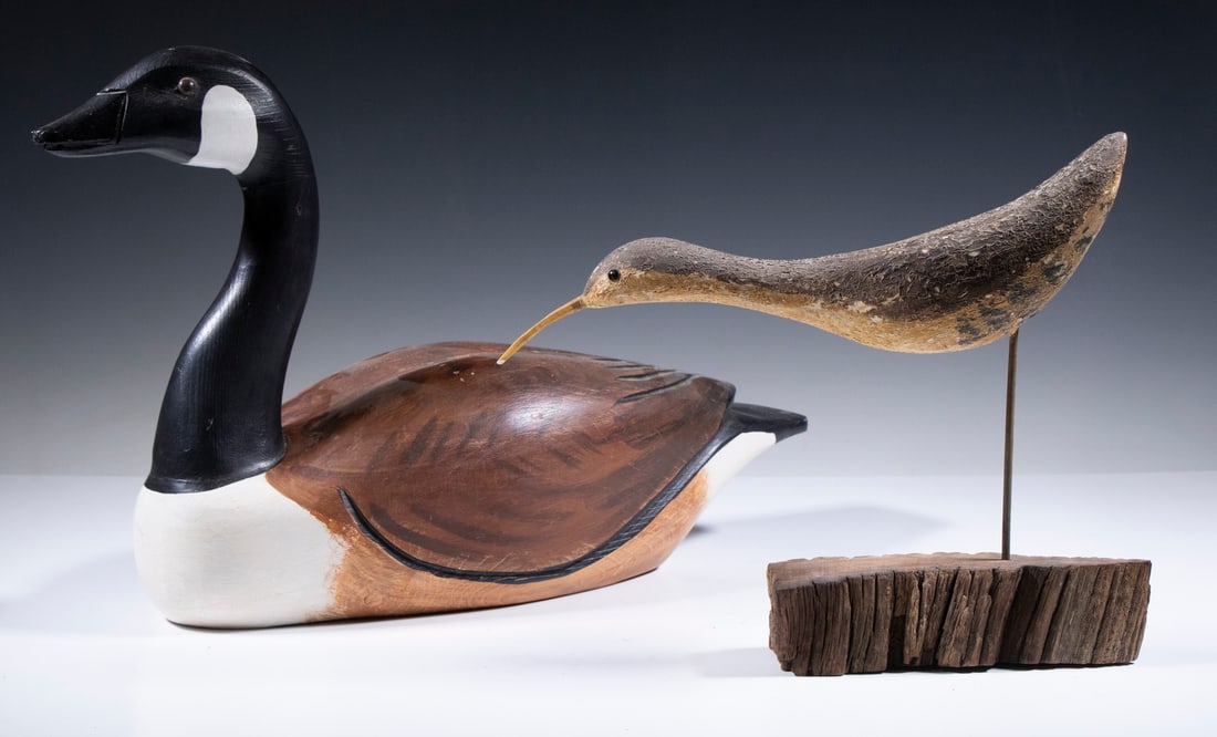 SHOREBIRD AND GOOSE DECOYS: Lot of (2) Contemporary Decoys, including: a shorebird by Richard Morgan, on wooden base, 10 3/4" high; and a Goose by Howard Gallagher, 12 1/2" high, 20" long.