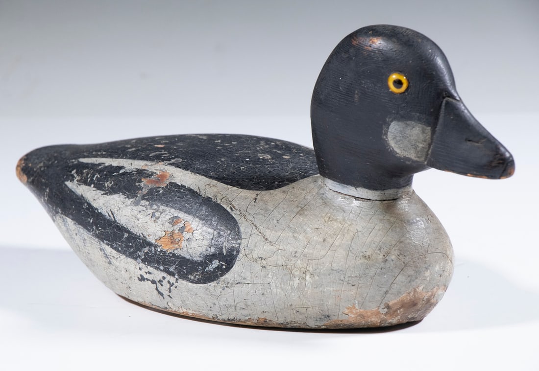 GOLDENEYE DUCK DECOY: Nice Little Goldeneye Drake from upstate New York or Ontario, old, 5 3/4" high, 12 1/2" long.