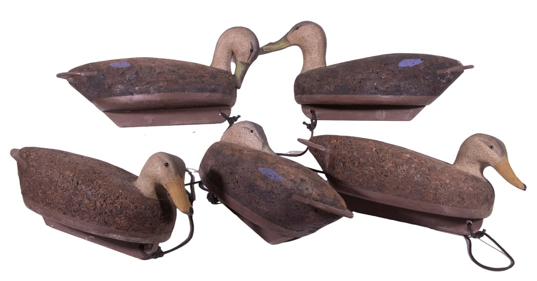 (5) MALLARD HEN DECOYS BY BILL WASSON (CONTEMPORARY THOMASTON, MAINE) OR WASSON & WASSON: Carved and painted working decoys, including three alert and two preening, dated and numbered 07-03, 2482 (preen); 07-03, 2483 (preen); 08-03, 2491;11-05, 2661; 11-05, 2663, each 20" long. In partitio
