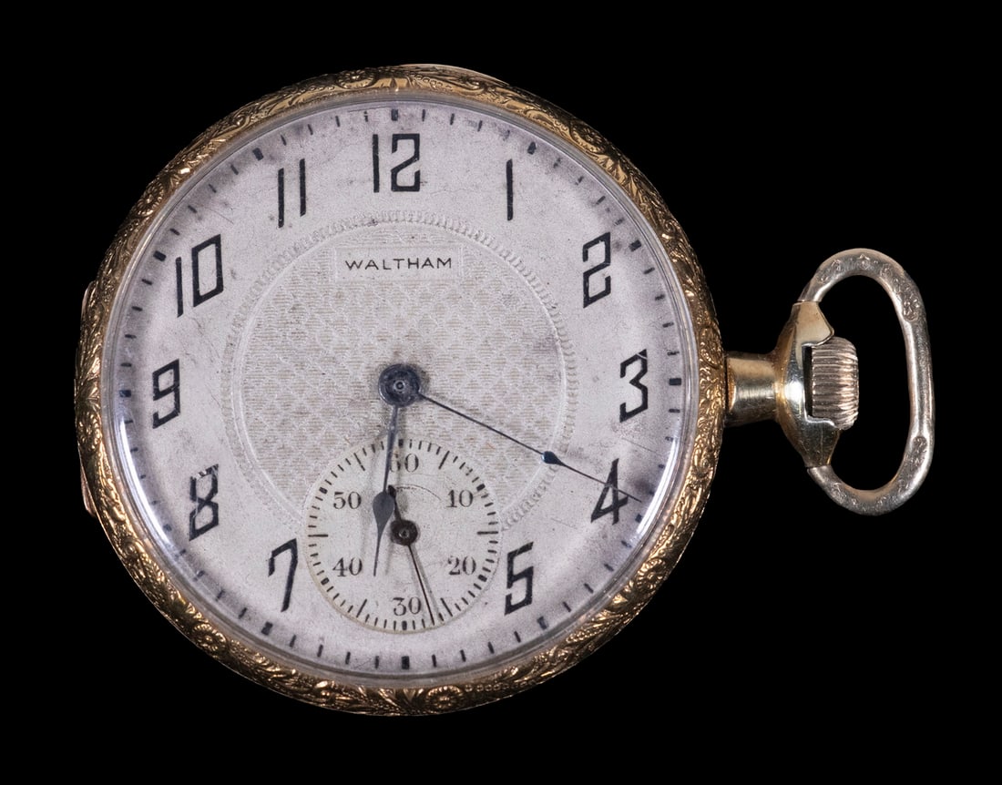 WALTHAM GOLD FILLED POCKET WATCH: Art Deco Open Face 12-Size Pocket Watch, model 1894, grade 210, sn 21953269, 7-jewels, with silvered dial, Arabic numerals, recessed seconds dial, engraved monogram to back.