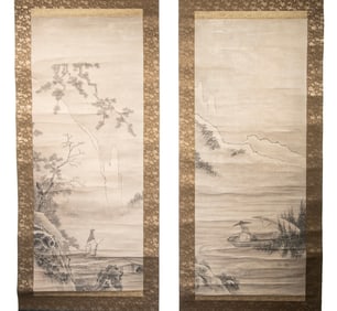 PAIR OF JAPANESE LANDSCAPE SCROLLS IN BOX