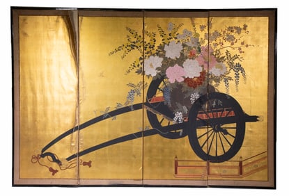 INTERWAR FOUR-PANEL FOLDING SCREEN OF FLOWER CART