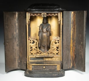 RARE 15TH C. JAPANESE BUDDHIST STATUE IN LATER CABINET, DR. JANE MAHLER