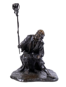 JAPANESE BRONZE MAN WITH MONKEY SCULPTURE