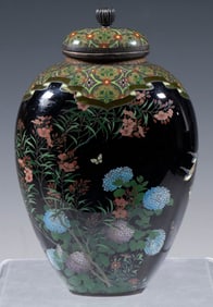 JAPANESE SILVER MOUNTED CLOISONNE LIDDED JAR