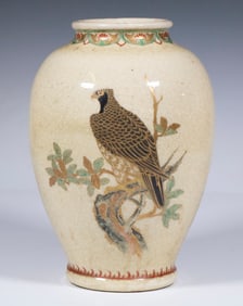 CASED JAPANESE SATSUMA VASE WITH HAWK AND CRANE
