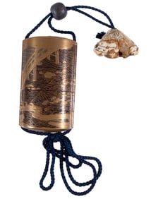 19TH C. JAPANESE LACQUERED INRO W/ NETSUKE AND OJIME