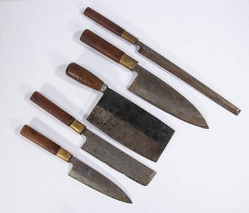 (5 PC) JAPANESE KITCHEN KNIFE SET: Hand Forged Blades with brass-bound acacia wood handles, including: Nakiri (cleaver), 10 3/4"; Deba (butchery), 13 3/4"; Usaba (vegetable), 12 1/2"; Gyuto (chef's), 11 1/4"; Talobiki (Kyoto), (slicer)