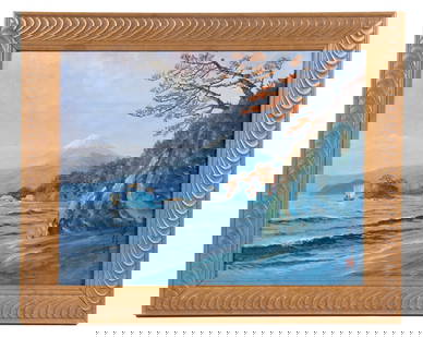 LATE 20TH C. JAPANESE OIL PAINTING: View of Mt. Fuji from Motosuko Lake, oil on canvas over board, inscribed in kanji lower right, with red western style monogram, in gold wavy pattern frame, OS: 16 1/2" x 20 1/2", SS: 12 1/2" x 16 1/2"